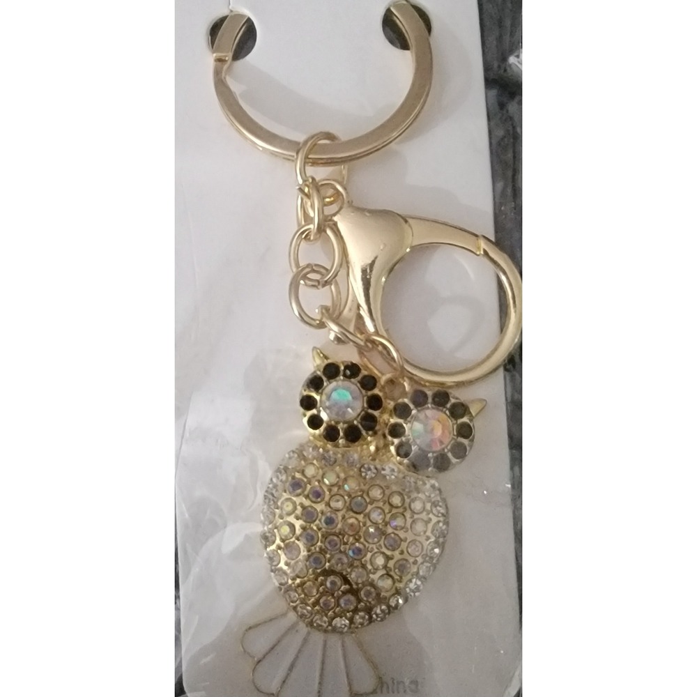 Gold Tone Rhinestone Owl Keychain Crystal Bag Charm Lobster Clasp‎ Accessory